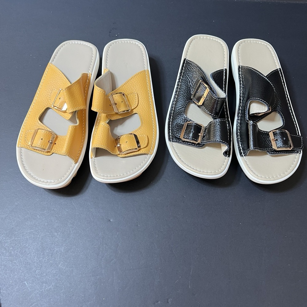 Women's Slide Sandals Black/Tan Solid Double Buckle Slip On Flat EU 38 Set Of 2